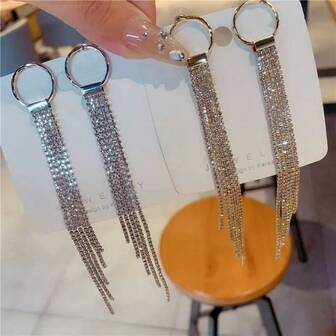 2pcs Elegant Long Artificial Crystal Sparkling Tassel Earrings, Suitable For Women, Party, Festival Gift, And Daily Wear