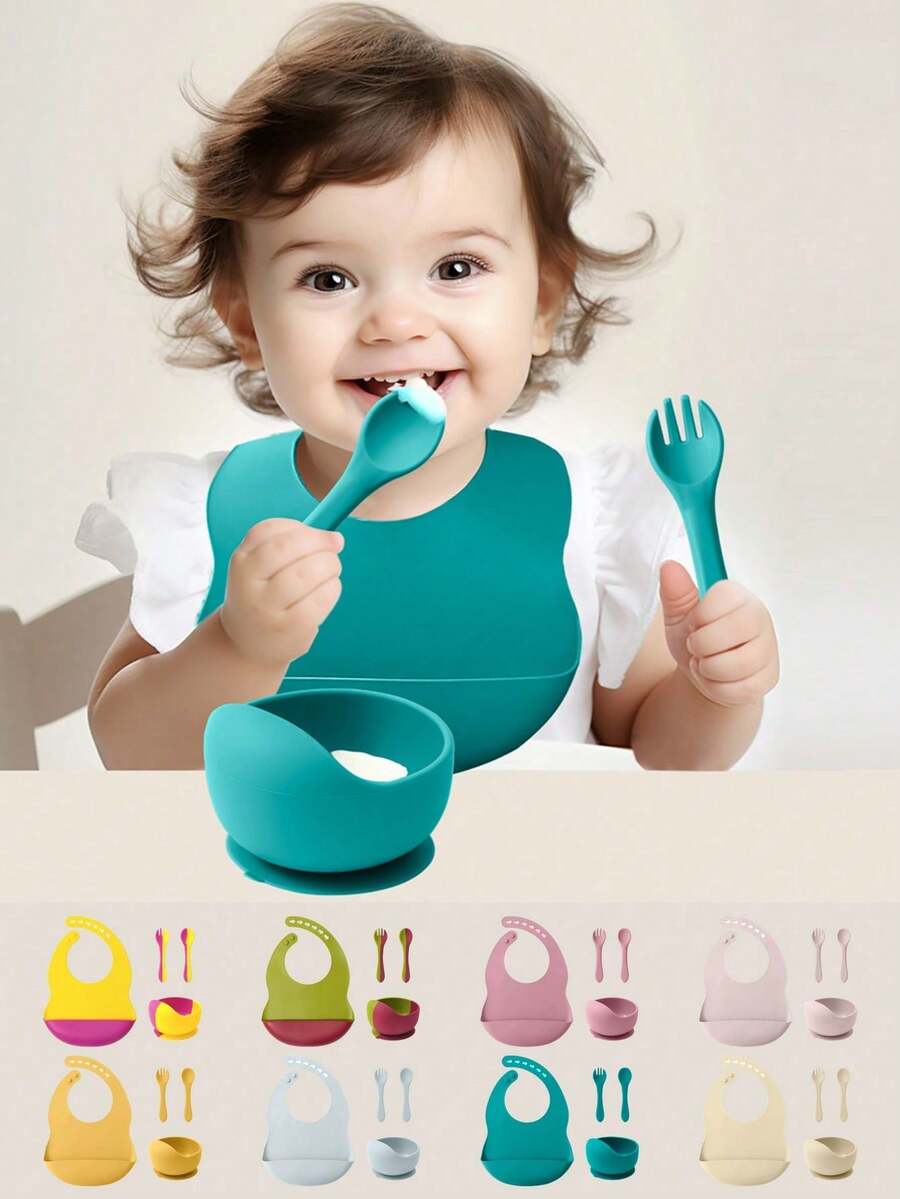 PopLittleOne 4 bucăți vesela din silicon pentru bebeluși, ajustare în 6 viteze, cu aspirație, bol anti-alunecare, lingură de antrenament, furculiță, set de cină contrastant de culoare - Multicolor - Vizualizare 1