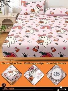 Sábana ajustada con tema de Halloween, protector de colchón con tema de Halloween, funda de cama, cómoda y transpirable, anti-pelusas, patrón de dibujos animados, decoración de habitación, a prueba de polvo y antideslizante, adecuado para todos los tamaños de cama - individual, doble, queen, king, adecuado para todas las estaciones, no incluye almohada y funda de almohada, lavable a máquina, regalo festivo, decoración de otoño, decoración de habitación - Multicolor - Ver 5