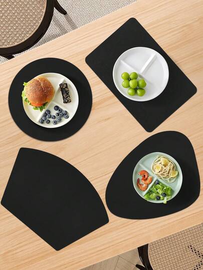 1/4/8件黑色皮革餐垫、厨房餐垫、家用盘垫、皮革杯垫、隔热、防烫盘子和碗垫、桌面保护、简约百搭、多种形状可选（圆形/方形/水滴形/扇形）、适用于家庭餐桌、厨房、西餐厅、节日派对和婚礼装饰