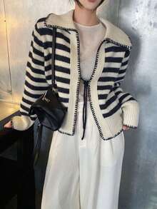 2025 Women's Autumn/Winter New Fashion Casual Loose Striped Knitted Cardigan With Contrast Binding Tie, Basic Tops, Back To School Clothes, Christmas Clothes, Date Night Outfits For Women, Off-The-Shoulder Sweater, Korean Style, Fall Women's Clothes, Modest Women, Party Women, Y2K Women, Tops For Going Out, Concert Women, Date Night Women, New Year, Women's Winter Clothes, Saudi National Day, Chic, Country
