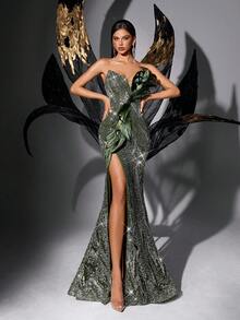 优雅亮片装饰女士正式晚礼服，羽毛点缀，精致派对礼服，适合舞会、红毯、返校节、生日派对、盛大晚宴、周年纪念等场合 - 纯色露背高开衩无袖连衣裙 - 橄欖綠 - 查看 2