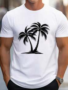 1 Piece Palm Tree Print T-Shirt, Men's Short Sleeve Crew Neck T-Shirts, Gifts For Men, Daily Wear And Casual Style T-Shirts 180g 100% Cotton - 白色 - 查看 6