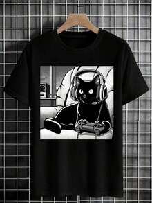 [Black Cat T-Shirt] Relaxed Fit Black Casual  Cat Graphic T-Shirt |   Short Sleeve Crew Neck, Summer Style, Polyester Blend2025 - 黑色 - 查看 1