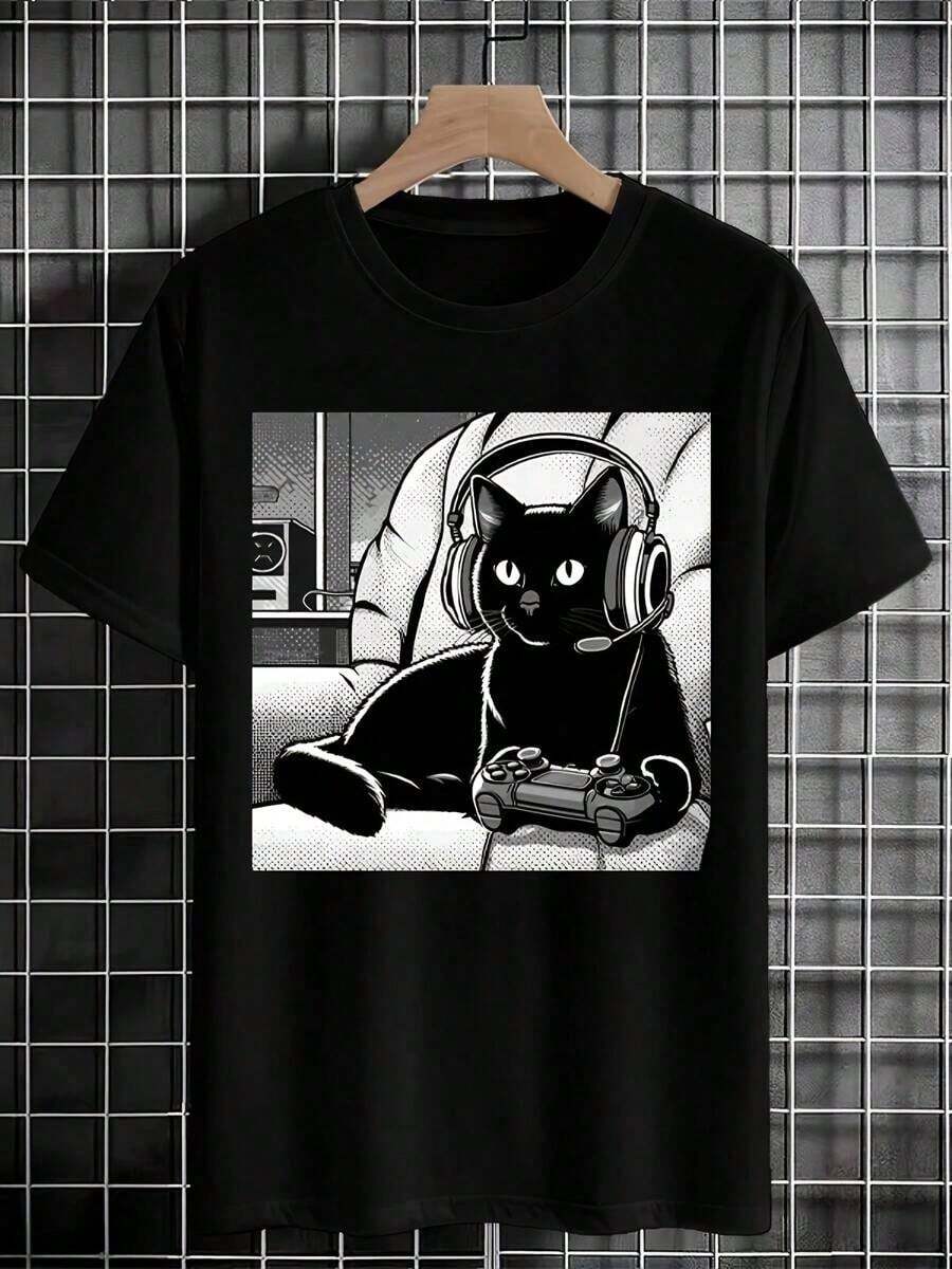 [Black Cat T-Shirt] Relaxed Fit Black Casual  Cat Graphic T-Shirt |   Short Sleeve Crew Neck, Summer Style, Polyester Blend2025 - 黑色 - 查看 1