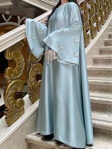 2pcs Middle Eastern Muslim Women's Cardigan Set, Butterfly Embroidery, Rhinestone Waist Belt, Satin Formal Robe