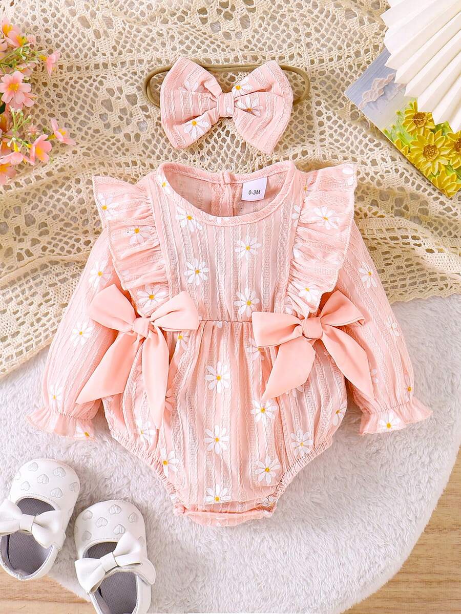 1pc Infant Girls' Floral Print Long Sleeve Bodysuit, Lightweight, Spring/Autumn - Pink - View 1