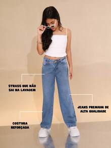 Girls' Wide Leg Jeans With Rhinestones - Stylish Girl 4 To 16 Years Old - 霧霾藍 - 查看 4