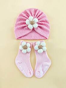 0-6个月婴儿四季花朵弹性头带帽子和袜子套装，新生儿无檐便帽礼盒，婴幼儿头饰配饰套装
