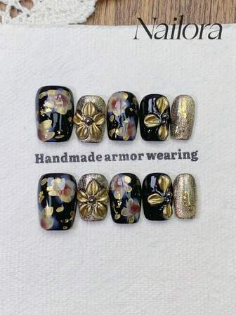 10 件手工指甲方形指甲人造按压指甲短指甲，奢华金黑色渐变指甲，金箔闪光粉手绘花卉 3D 雕刻浮雕樱花叶，珍珠镶嵌，简约优雅奢华秋季指甲，极简主义美学秋季按压指甲，多功能指甲 DIY 假指甲艺术派对日常和约会适合在工作环境中使用可重复使用，适合女性和女孩作为礼物指甲用品