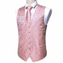 Mens Waistcoat Pink Flower Vest Tie Hankie Cufflinks Set Tuxedo Gilet Wedding Formal Casual Office - 粉色 - 查看 5