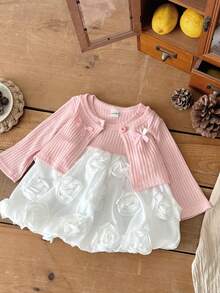 2 件套女婴甜美白玫瑰公主裙 + 长袖蝴蝶结动物耳朵开衫套装，春秋