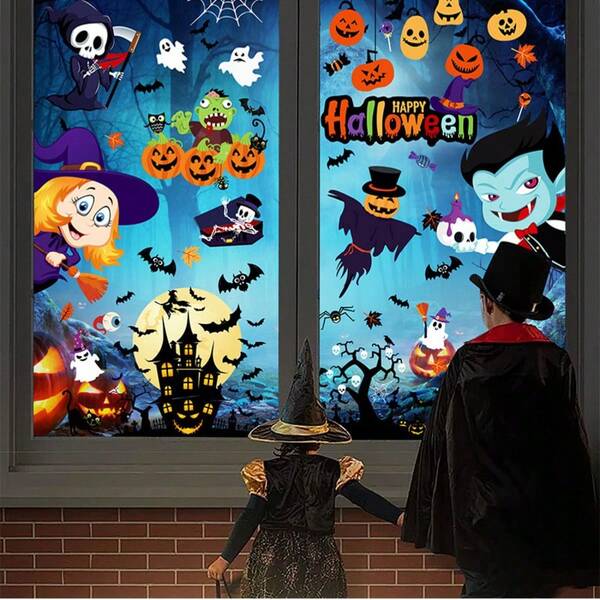 202 pièces Stickers pour fenêtre d'Halloween, impression recto-verso, décoration de maison, stickers muraux à accrocher statiques, stickers statiques d'Halloween