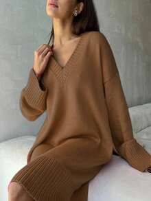 Women's Casual V-Neck Dropped Shoulder Long Sleeve Knitted Dress, Plus Size, Autumn/Winter - Caramel - View 3