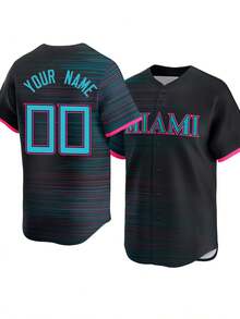 Jersey Baseball Pria Bordir Nama & Nomor Kustom, Warna Hitam Miami, Kerah V, Kemeja Lengan Pendek Kancing Depan yang Dipersonalisasi untuk Olahraga Musim Panas - Hitam - View 3