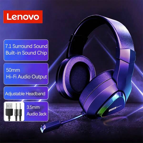 Lenovo E03 All-In-Ear Gaming Headset With Protein Leather Memory Foam Earmuffs, 7.1 Virtual Surround Sound, AI Noise Reduction Microphone, Universal For Computers And Mobile Phones, USB+Dual 3.5mm