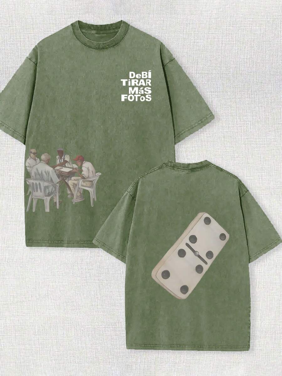 230g Double-Sided Washed, Play Together Printed T-Shirt, High-Quality Wax Printed Cotton Retro Fashion Brand T-Shirt, Men's T-Shirt, Beach Essential, Summer T-Shirt, Holiday Gift, Perfect Gift - 軍綠色 - 查看 1