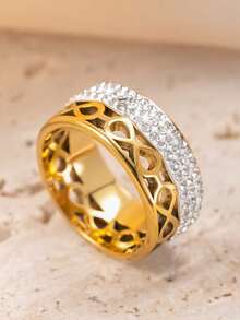 1pc Fashionable Stainless Steel Hollow Great Wall & Clover Rhinestone Decor Ring, Suitable For Men And Women Daily Wear - Ring - View 14