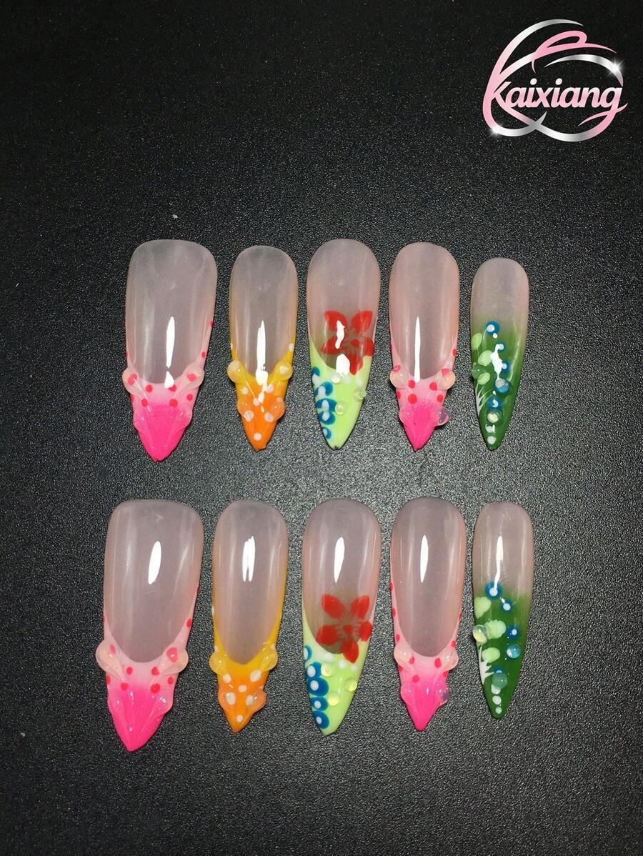 Set da 10 pezzi di unghie sottili con tacco alto in stile Y2K, pressate a mano, nei colori rosa, nero, nude con stelle, bianco, stampa leopardata multicolore, multicolore, con colla per lo styling e fiori sfumati lavorati a mano. 3 misure adatte per la arte di unghie estiva, ideali per feste, balli e uso quotidiano, con accessori per unghie inclusi.