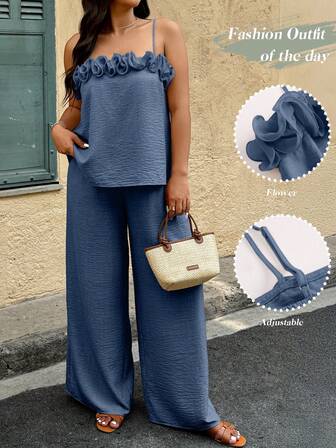 Plus Size Women Solid Color 3D Floral Trim Camisole Top And Pants Set