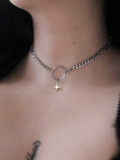 suteyi Stainless Steel O-Ring Star Necklace, Exquisite Celestial Alternative Jewelry, Gothic Punk Necklace, Halloween Aesthetic Collar