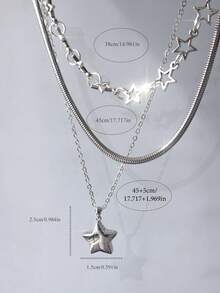 3 件套银星项链，时尚女士链式项链和吊坠项链套装，女士银色项链套装