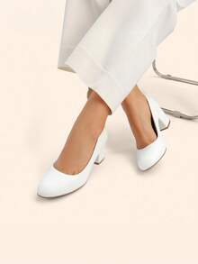 Women's Low Chunky Pumps Block Heel Dress Shoes Closed Round Toe Comfortable Heels For Commuting Parties Daily Wear - trắng - Xem 1