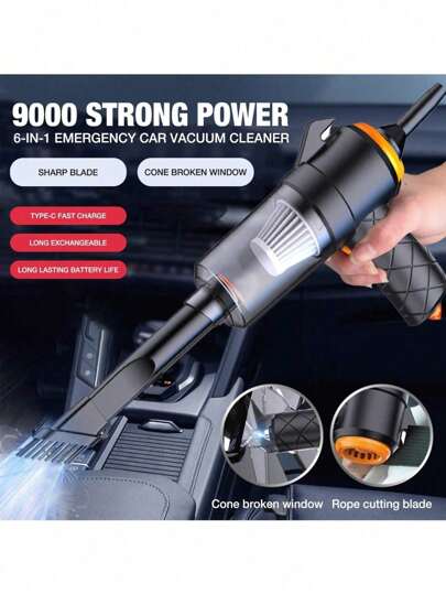 Easypie Selection 6-In-1 Vacuum Cleaner, 3.7V High Power, 2000mah Battery Super Suction Vacuum Cleaner, With Emergency Functions: Seat Belt Cutting Blade, Pointed Cone To Break Windows; Rechargeable Lithium Battery Ultra-High Battery Life Portable Vacuum Cleaner, A Must-Have For Holidays, Summers And Travels, Vacuum Cleaners For Dust Collection
