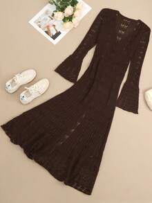 2025 Autumn/Winter New Women's Daily Casual Holiday Long Sleeve Button Minimalist Elegant Crochet Ruffled Hollow-Out Long Cardigan, Women's Streetwear, Y2K Fashion Spring - Mocha Brown - View 4