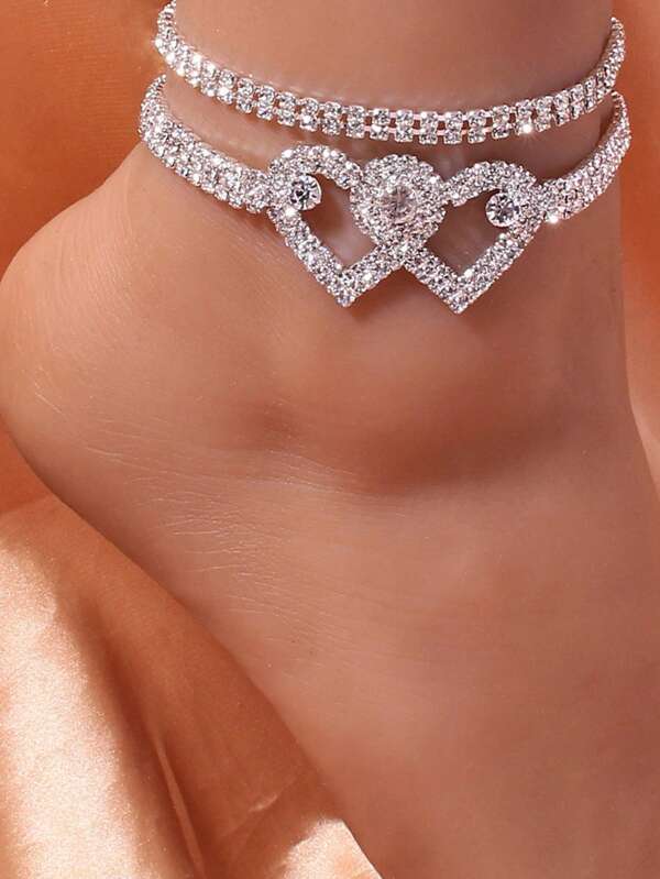 Tkool 2pcs/Set Sparkling Crystal Double Heart Shaped Beach Party Anklets, Suitable For Women Fashion Silver Anklet Jewelry, Barefoot Sandals