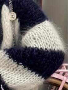 Áo len cardigan dài họa tiết khối màu cỡ lớn, chất liệu dệt kim mềm mại thời trang có tay áo lồng đèn - Áo len cardigan dài tay họa tiết sọc đen trắng, thiết yếu cho mùa thu/đông, vải dệt kim màu tương phản, áo len cardigan dệt kim gân cỡ lớn dành cho nữ, thích hợp cho ngày lễ, mùa xuân/thu - Xanh và trắng - Xem 6