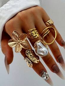 Set 6 Buah Cincin Paduan Emas Asimetris Mewah, Berkilau, Unik, Kreatif, dan Bergaya Vintage untuk Wanita, Cocok untuk Sehari-hari, Pesta, Liburan, dan Perjalanan. - MultiWarna - View 7