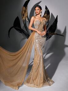 闪亮亮片礼服，花卉装饰，高端晚礼服，适合高档晚宴、盛大晚会、生日派对、鸡尾酒会、毕业舞会、颁奖典礼等场合。纯色无肩带鱼尾裙，适合春季婚礼穿着。 - 香檳色 - 查看 5