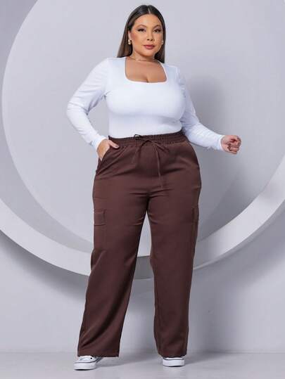 CALÇA PANTALONA WIDE LEG CINTURA ALTA COM BOLSO CARGO