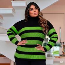 Plus Size Cold Knit Cacharrel Blouse With Thick Stripes And High Neck For Women - Negro y verde - Ver 1