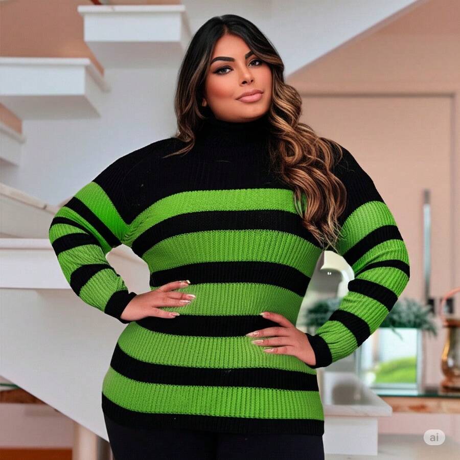 Plus Size Cold Knit Cacharrel Blouse With Thick Stripes And High Neck For Women - Negro y verde - Ver 1