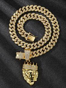 1 件男士复古狮头皇冠吊坠项链，个性化街头派对珠宝