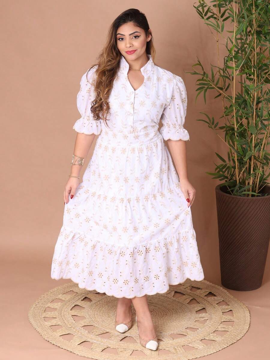Women's Fashion Midi Dress In 3D Laise Fabric And Smooth With Elastex On The Back And Button On The Front And Lining - Two-tone White - View 1