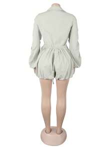 Women's Button Ruched Bubble Playsuits Long Sleeve Drawstring Shorts Shirt Jumpsuit Rompers One Piece Outfits, Spring Fall Winter Clothes - Màu Xám nhạt - Xem 5