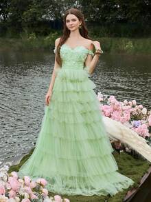 Faeriesty Luxe ​Women's Elegant Off-Shoulder Formal Evening Gown - Back Tie Waist Detail, Multi-Layered Tulle A-Line Skirt. Perfect For Black-Tie Events, Gala Dinners, Luxury Wedding Receptions, Charity Balls, Award Ceremonies.​​ - Green - View 4