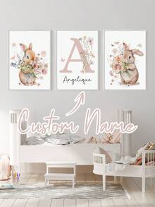 3pcs Customized Name Art Poster, Personalized Rabbit, Floral Wall Art, Dopamine Picture, Room Decor For Girls Bedroom, Birthday Gift, Graduation Gift, Unframed, Home Harmony - Multicolor - View 2
