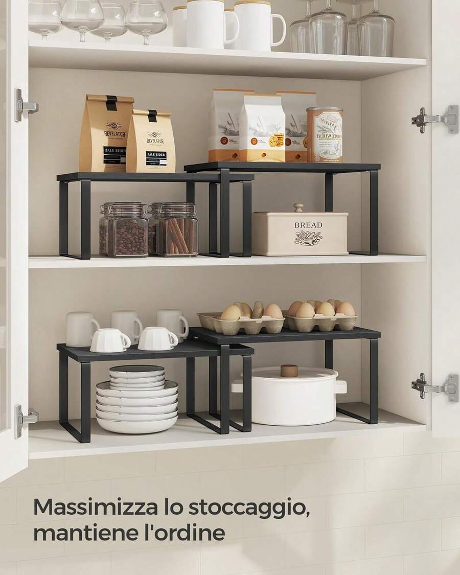 Scaffale Portaspezie, Set di 2 Organizzatori da Cucina Espandibili, Scaffale da Cucina Impilabile, Metallo e Legno Ingegnerizzato,Nero Inchiostro e Nero Ebano - nero - Visualizzare 1