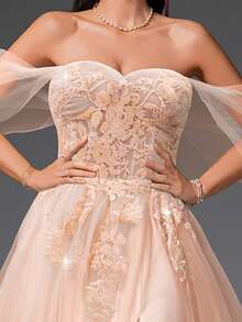 VIPGIRL 粉色露肩薄纱贴花舞会礼服，甜心A字开衩正式晚礼服，女士公主舞会礼服，适合毕业典礼、庆典、婚礼宾客 - 淺粉色 - 查看 11