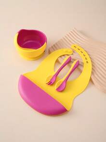 PopLittleOne 4 bucăți vesela din silicon pentru bebeluși, ajustare în 6 viteze, cu aspirație, bol anti-alunecare, lingură de antrenament, furculiță, set de cină contrastant de culoare - Multicolor - Vizualizare 14