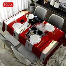 1/20 pièces Nappe d'Halloween - Fond rayé rouge et blanc effrayant, avec motif de crânes blancs. Nappe rectangulaire durable, parfaite pour les repas, pique-niques, festivals, mariages et thés, décoration d'Halloween