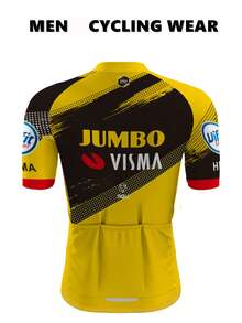 Jumbo Visma Men's Summer Cycling Short Sleeve Zip-Up Lightweight Cycling Jersey, Suitable For Triathlon And Road Cycling, With Pockets, Yellow And Black Color, Outdoor Sportswear, Energetic Top | Vibrant Graphic Top | Zip-Up Jersey - Yellow - View 3