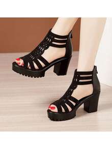 Sandalias De Tacón Grueso De Banda Cruzada Elástica De Punta Descubierta Para Mujer,Sandalias de tacón alto sexy con abertura en los dedos y tirantes de moda para mujer, Mujer minimalista con tacón grueso Sandalias con correa en el tobillo , tacones gruesos y suela gruesa para zapatos de fiesta,graduación, tacones de fiesta, - Negro - Ver 4