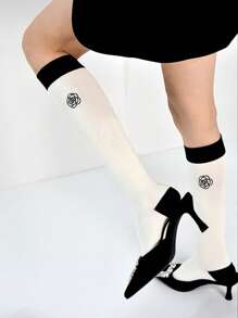 1双/2双 法式刺绣山茶花图案过膝袜，黑白配色，Y2K风格，舒适