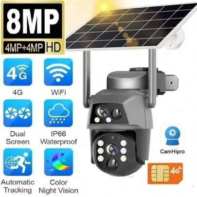 HD 4G Solar Camera Resistant Temperature 8MP Dual Lens Camera Surveillance Head Battery PIR Body Detection CCTV Cami Pro