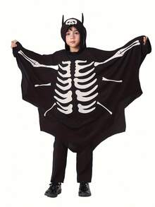 Kids Glow-In-The-Dark Bat Cape Set | Halloween Glow Skeleton Costume, Festival Performance Outfit, Dark Character Cosplay - Black - View 9